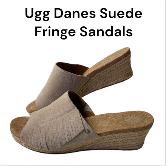 UGG Women's Beige Danes Suede Fringe Wedge Sandals Size 9.5 - Picture 1 of 14